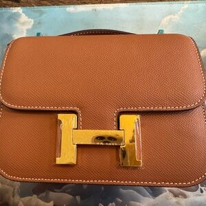 Brown Leather Crossbody Bag with Gold 'H' Hardware